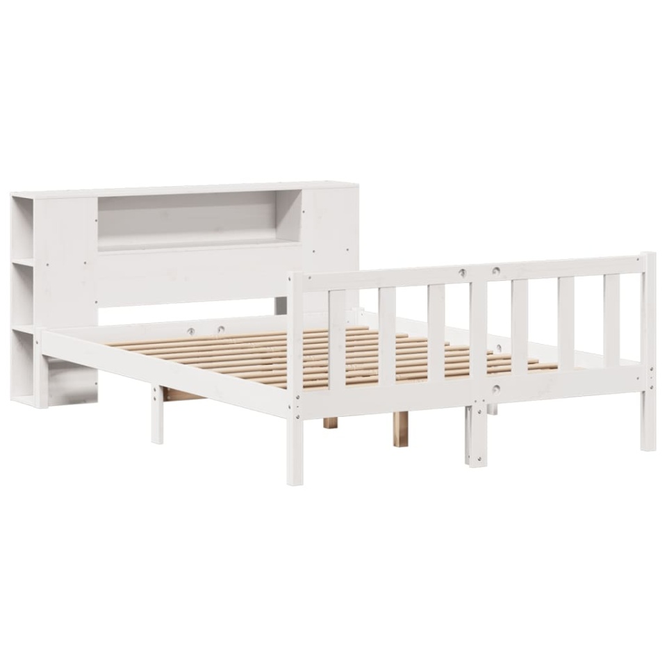 Pat cu bibliotecă fără saltea, alb, 140x190 cm, lemn masiv pin - 2 | YEO