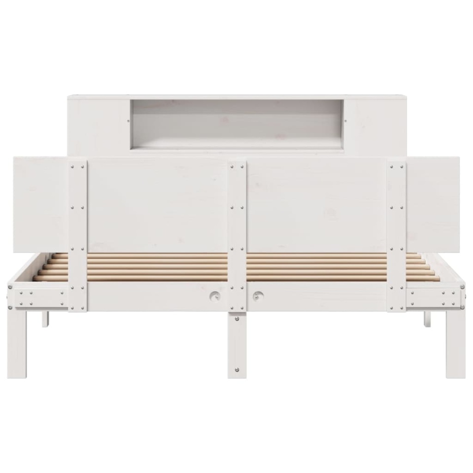 Pat cu bibliotecă fără saltea, alb, 150x200 cm, lemn masiv pin - 3 | YEO