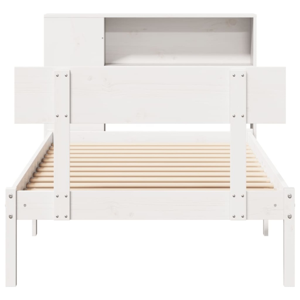 Pat cu bibliotecă fără saltea, alb, 90x190 cm, lemn masiv pin - 3 | YEO