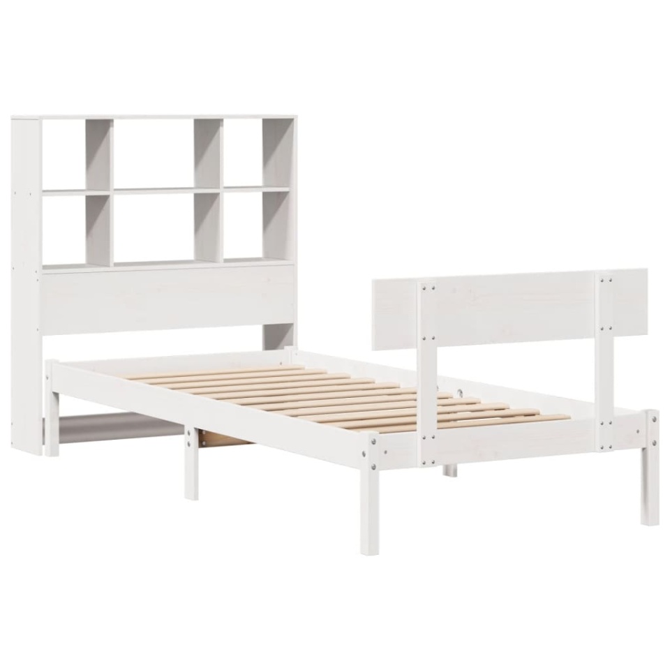 Pat cu bibliotecă fără saltea, alb, 90x190 cm, lemn masiv pin - 2 | YEO