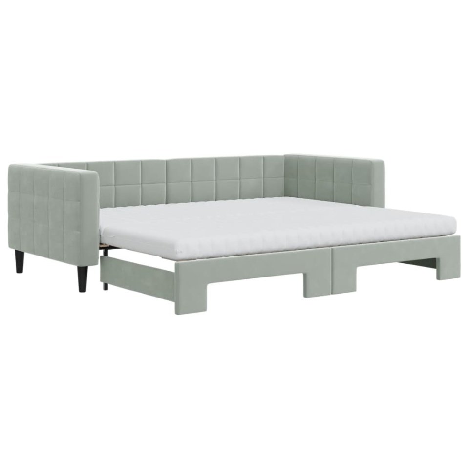 Pat de zi cu extensie și saltele, gri deschis 90x200 cm catifea - 1 | YEO