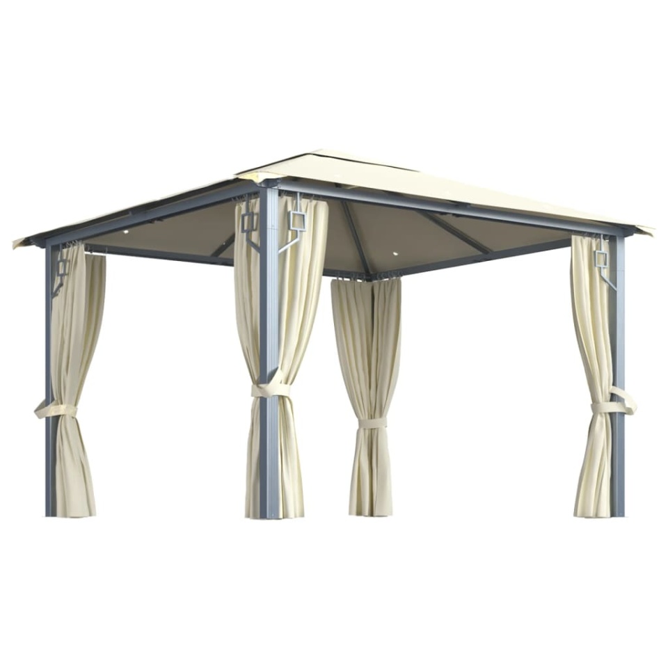Pavilion cu perdele & șiruri lumini LED, crem, 3x3 m, aluminiu - 1 | YEO