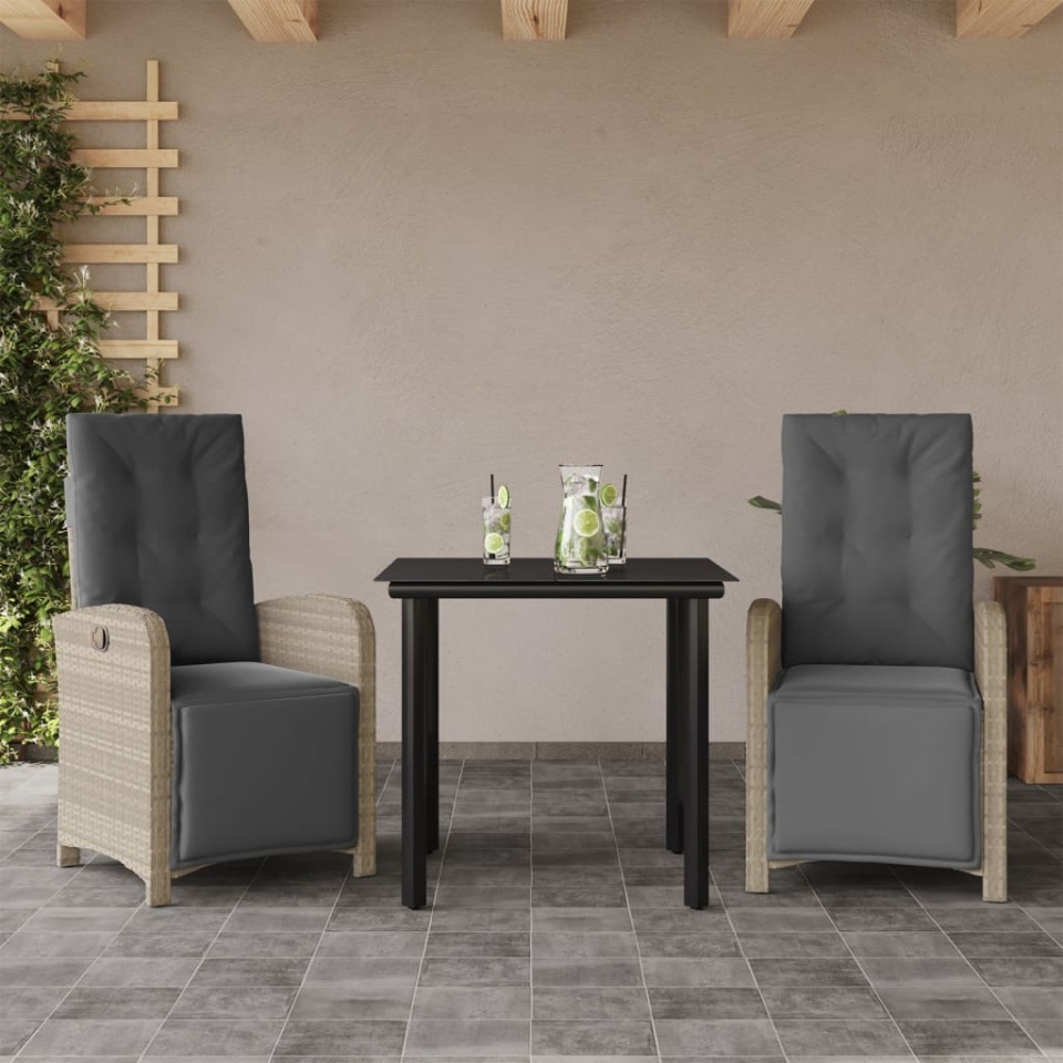 Set bistro cu perne, 3 piese, gri deschis, poliratan