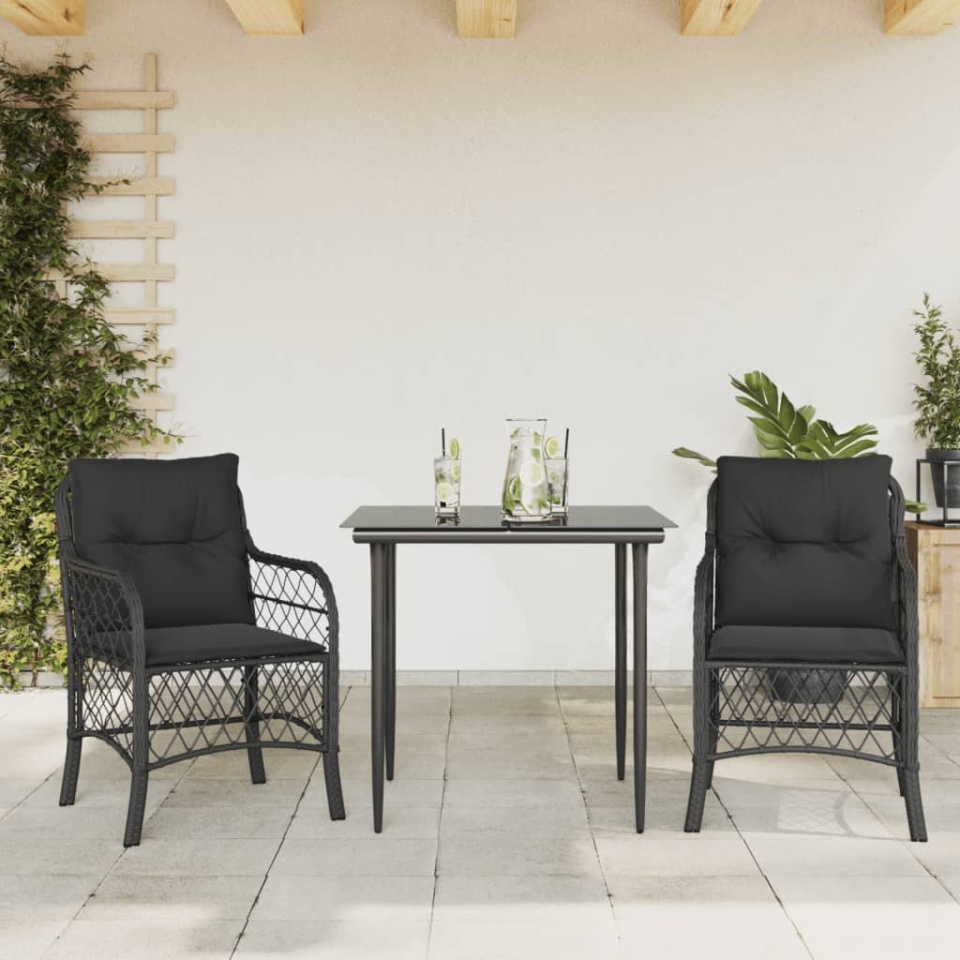 Set bistro cu perne, 3 piese, negru, poliratan