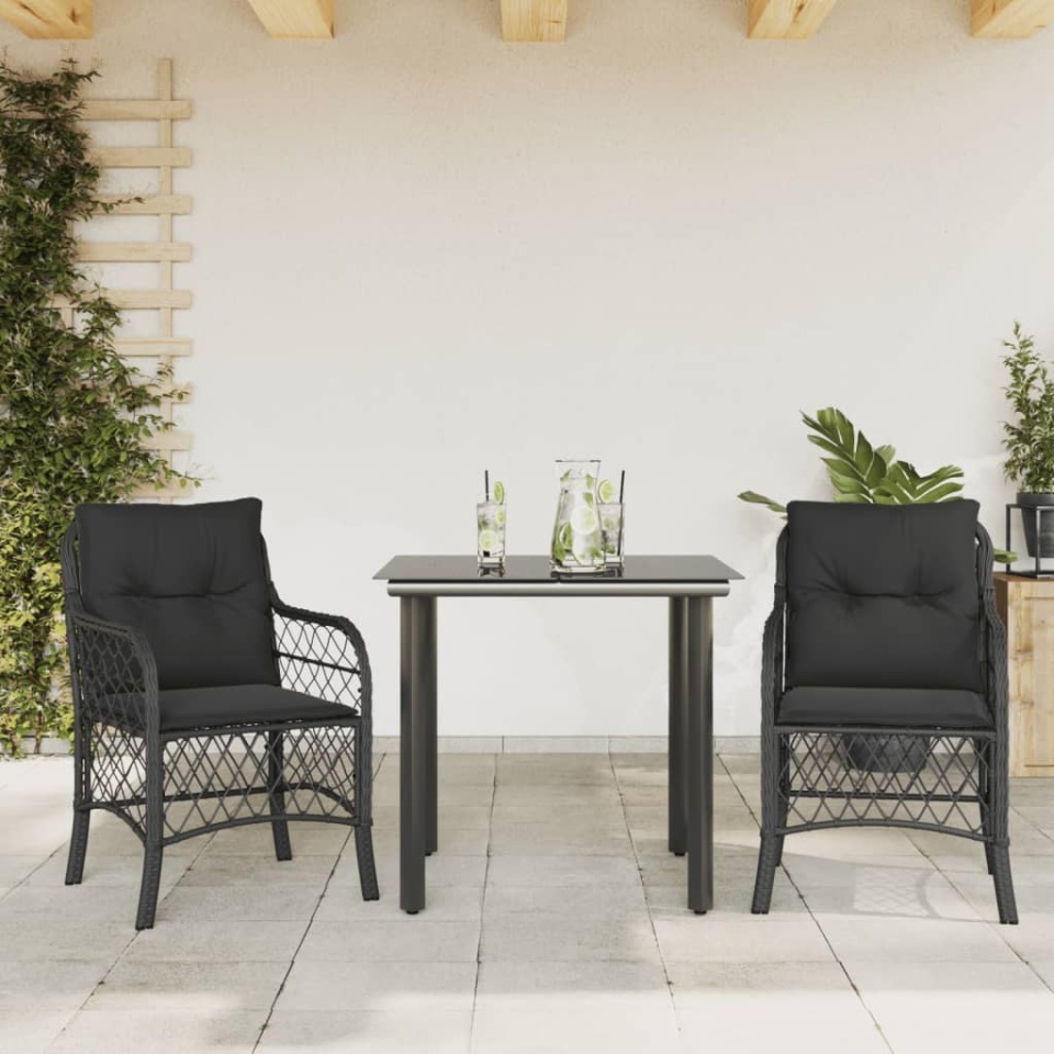 Set bistro cu perne, 3 piese, negru, poliratan
