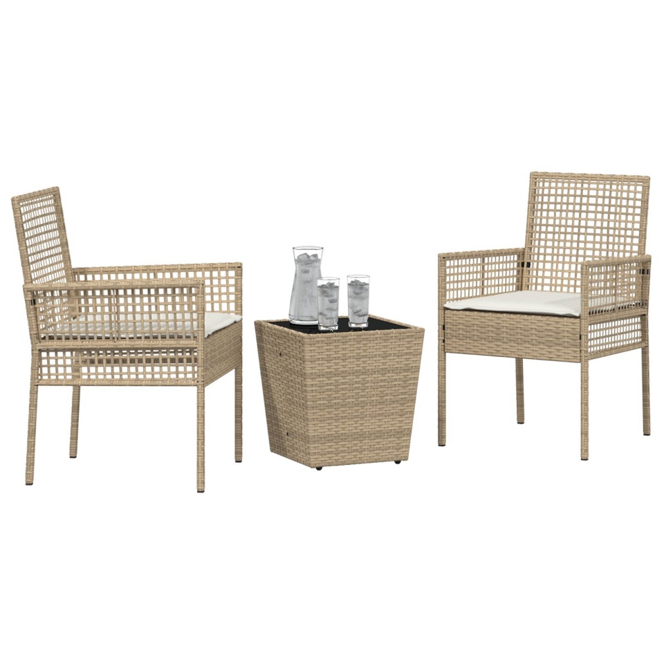 Set bistro de grădină, 3 piese, cu perne, bej, poliratan - 2 | YEO