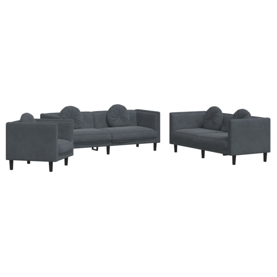 Set canapea cu perne, 3 piese, gri închis, catifea - 1 | YEO
