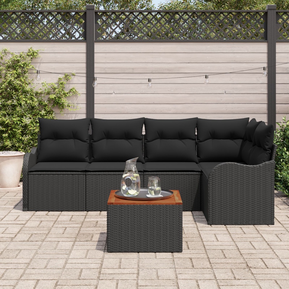 Set Canapea de Grădină de 6 Piese cu Perne Negru Ratan Polimeric Acacia, Canapea de Grădină pentru 2 Persoane cu Perne Negru Ratan Polimeric - 2 | YEO