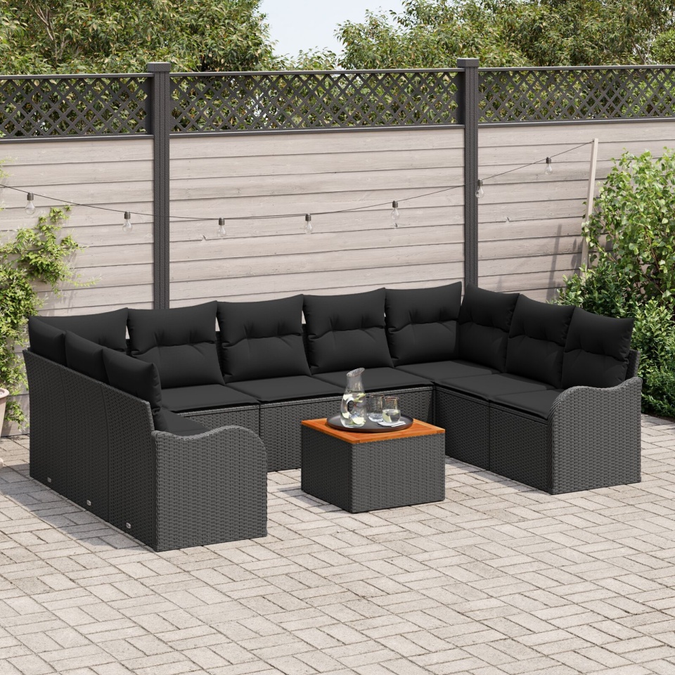 Set canapea grădină 10 piese cu perne Ratan polyester negru Acacia, Canapea grădină 2 locuri cu perne Ratan polyester negru - 2 | YEO
