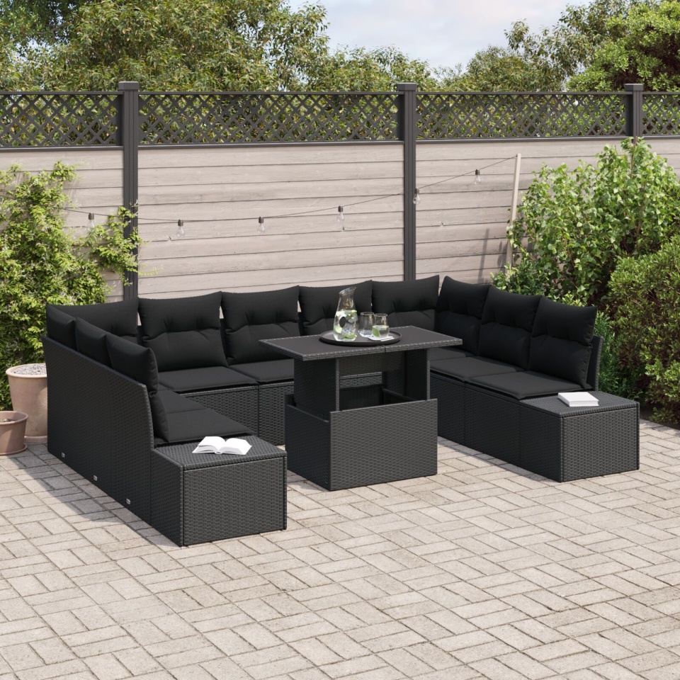 Set canapea grădină 10 piese Negru Ratan, Stoff Canapea grădină - 2 | YEO
