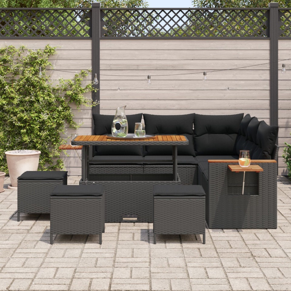 Set canapea grădină 8 piese cu perne Negru Poli Ratan Acacia, Set masă grădină 3 piese cu perne Negru Poli Ratan Acacia - 2 | YEO