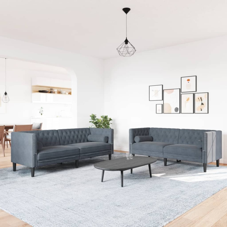Set canapele Chesterfield cu perne rulou, 2 piese, gri, catifea - 2 | YEO