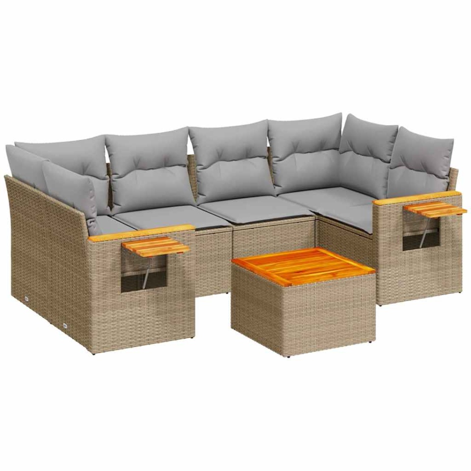 Set canapele de grădină, 7 piese, cu perne, bej, poliratan - 1 | YEO
