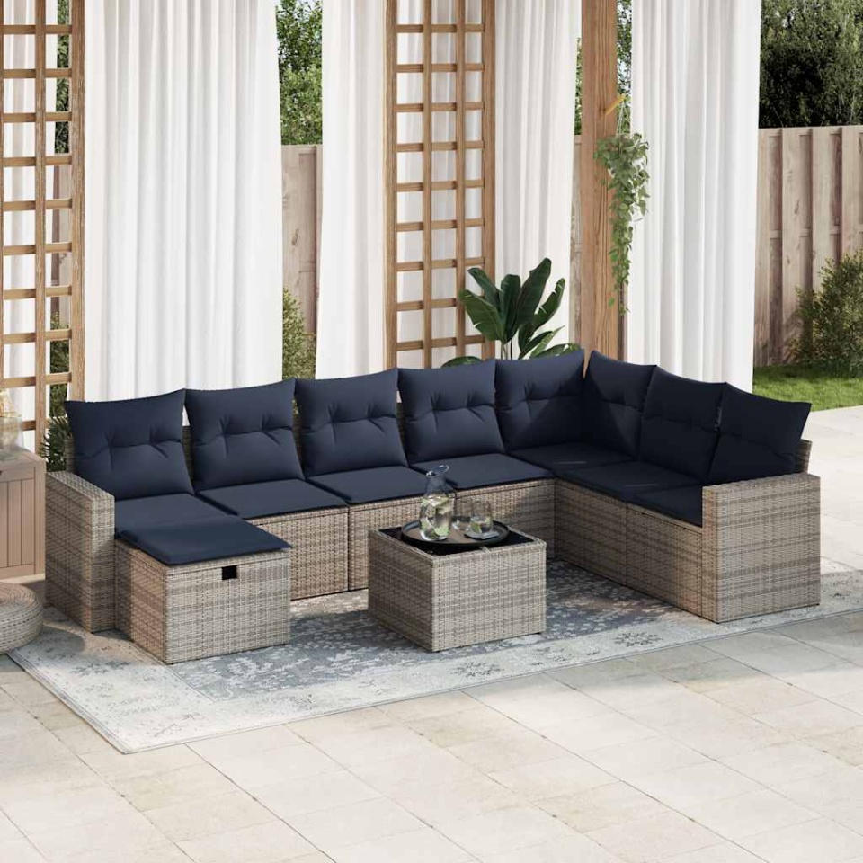 Set canapele de grădină, 9 piese, cu perne, gri, poliratan