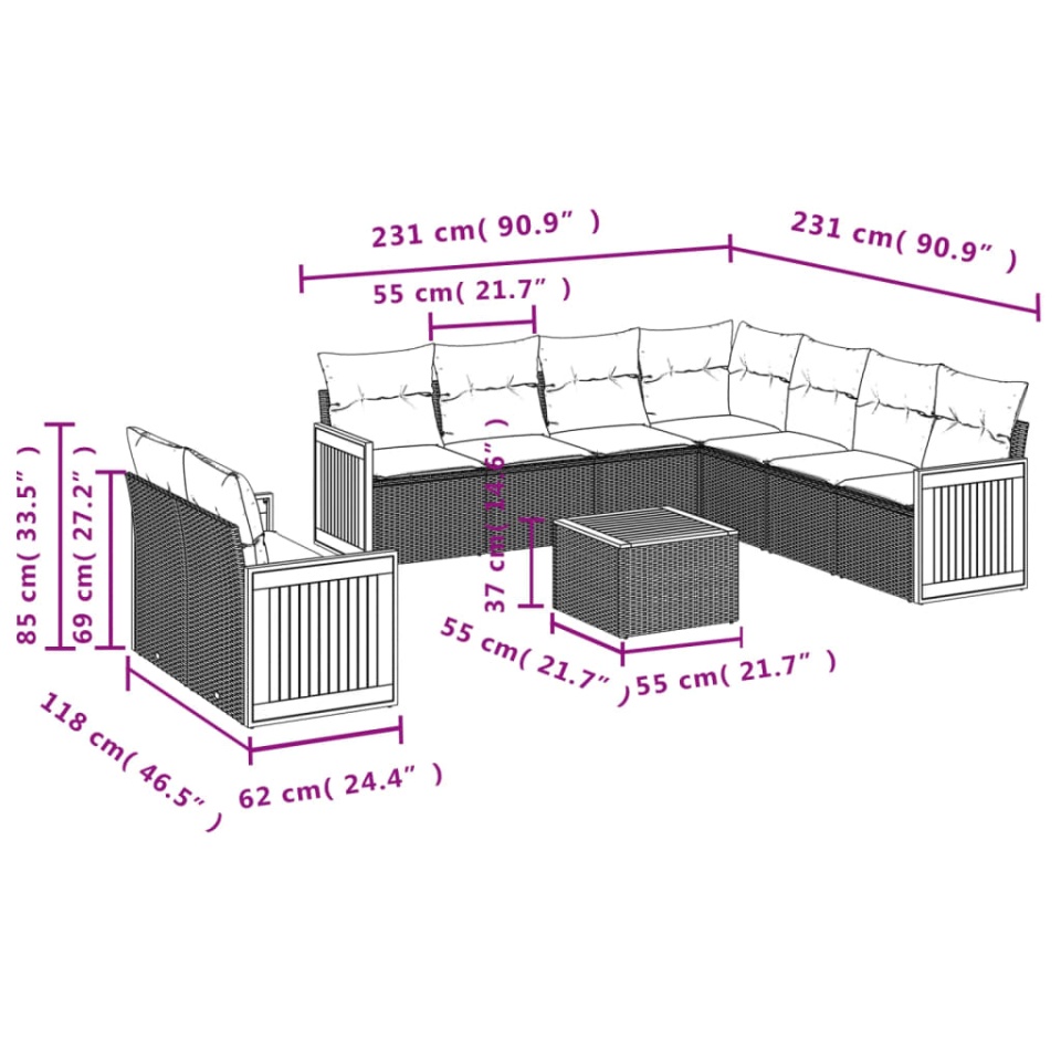 Set canapele de grădină cu perne, 10 piese, bej, poliratan - 2 | YEO