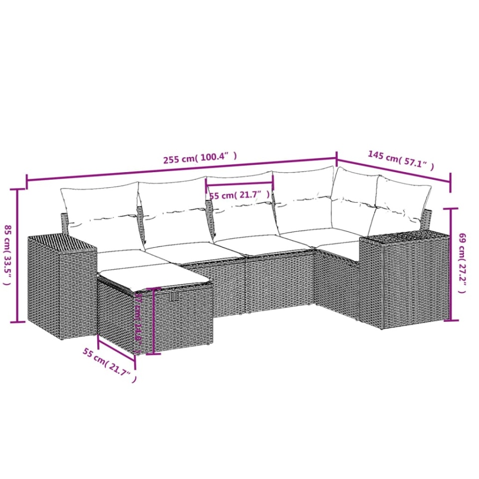 Set canapele de grădină cu perne, 6 piese, maro, poliratan - 3 | YEO