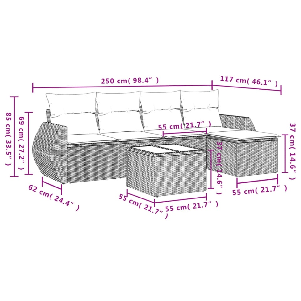 Set canapele de grădină cu perne, 6 piese, maro, poliratan - 2 | YEO