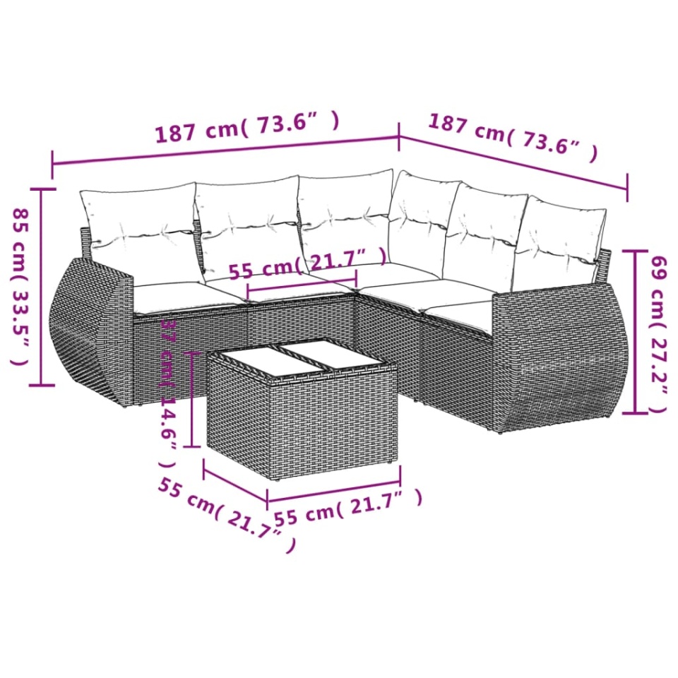 Set canapele de grădină cu perne, 6 piese, maro, poliratan - 2 | YEO