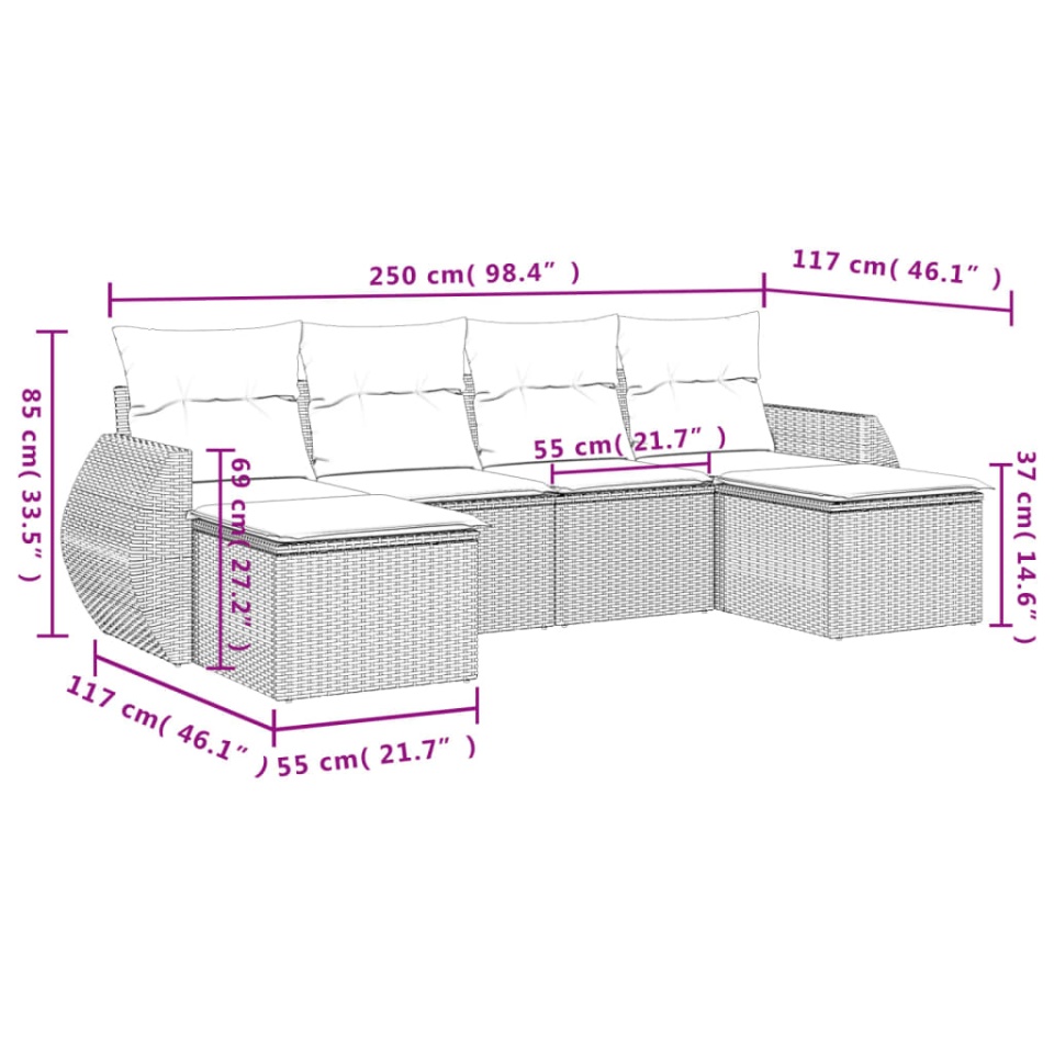 Set canapele de grădină cu perne, 6 piese, maro, poliratan - 2 | YEO