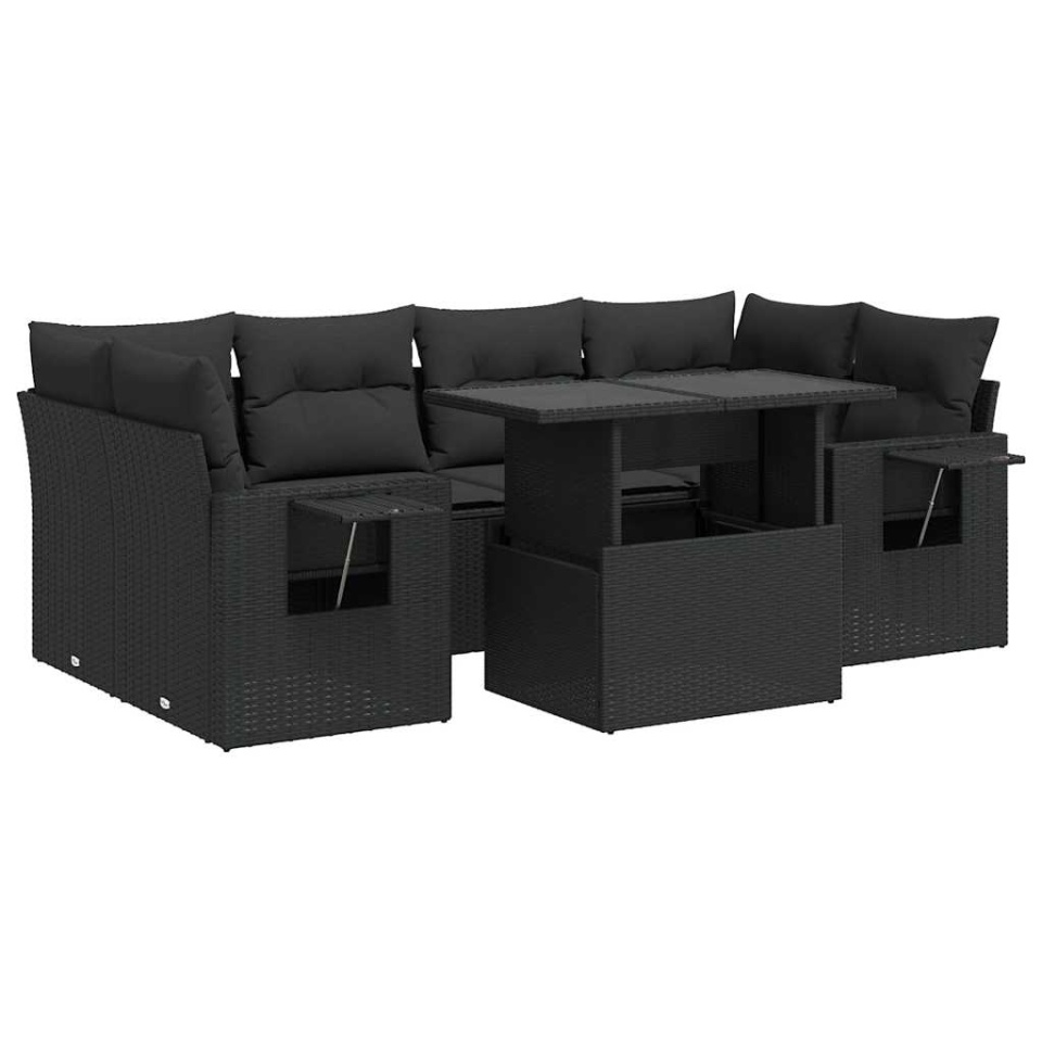 Set canapele de grădină cu perne, 7 piese, negru, poliratan - 1 | YEO