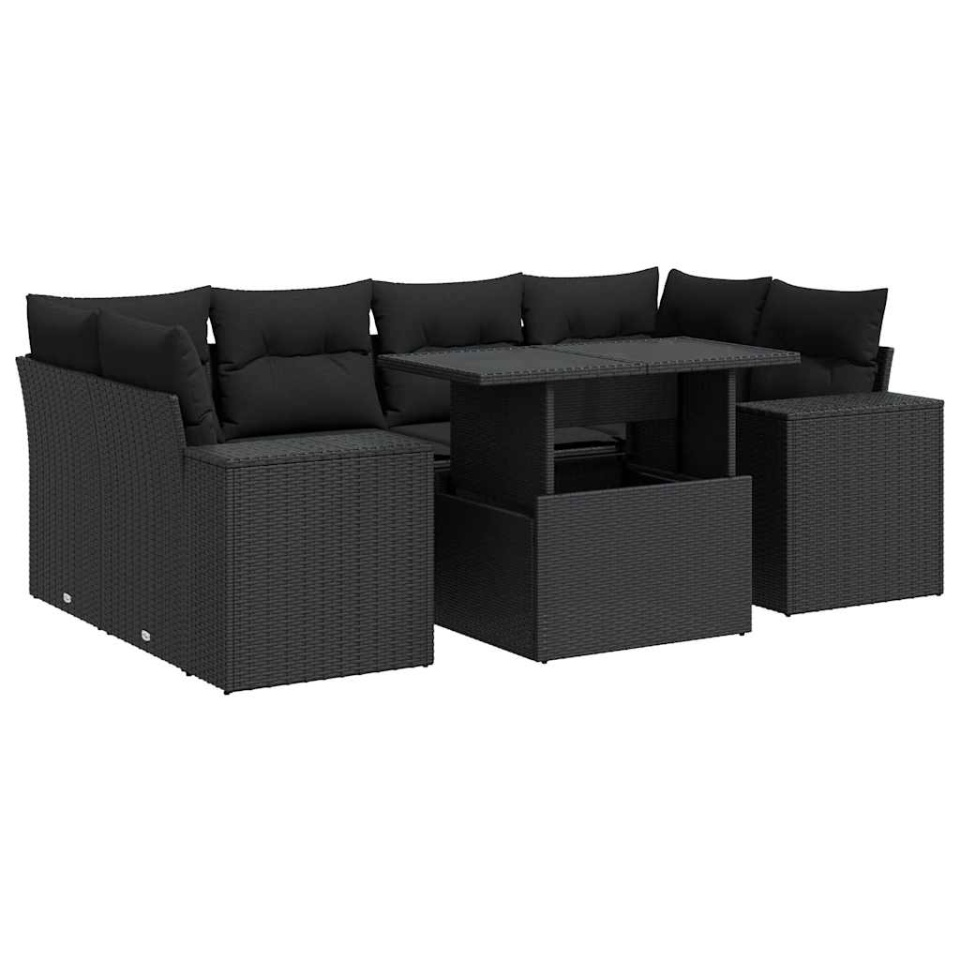 Set canapele de grădină cu perne, 7 piese, negru, poliratan - 1 | YEO