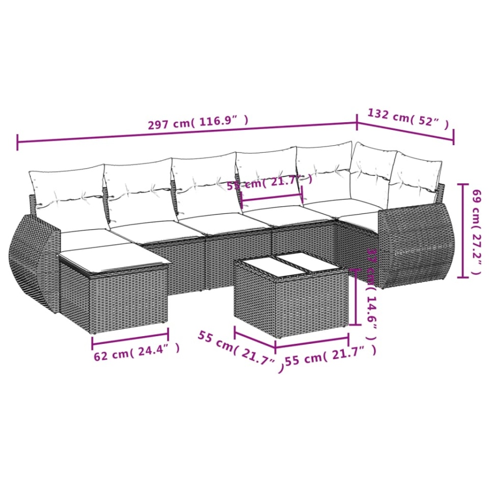 Set canapele de grădină cu perne, 8 piese, maro, poliratan - 2 | YEO