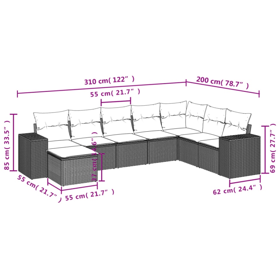 Set canapele de grădină cu perne, 8 piese, maro, poliratan - 2 | YEO