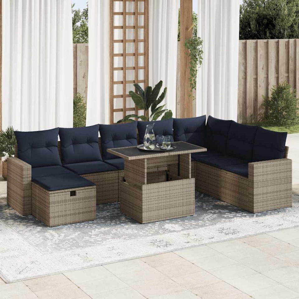 Set canapele de grădină cu perne, 9 piese, maro, poliratan