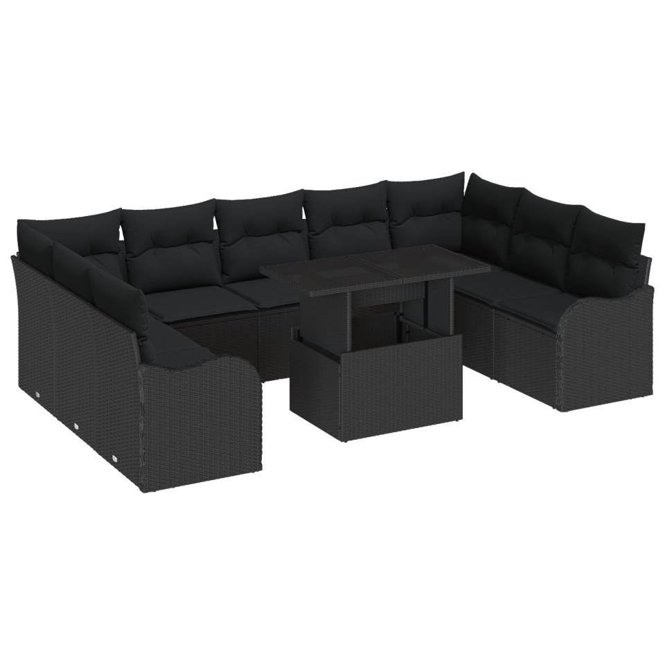 Set de 10 piese canapea de grădină cu perne din ratan poli negru, Canapea de grădină cu două locuri și depozitare & perne din ratan poli negru - 1 | YEO
