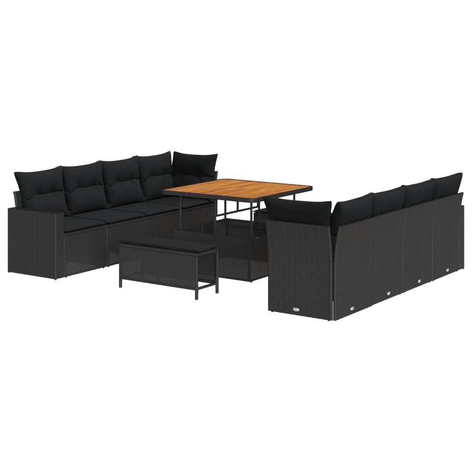 Set de 11 Piese pentru Grădină cu Perne Negru Rattan Poliesteric Acacia, Set de Masă și Canapea de Grădină cu Perne Negru Rattan Poliesteric Acacia - 1 | YEO
