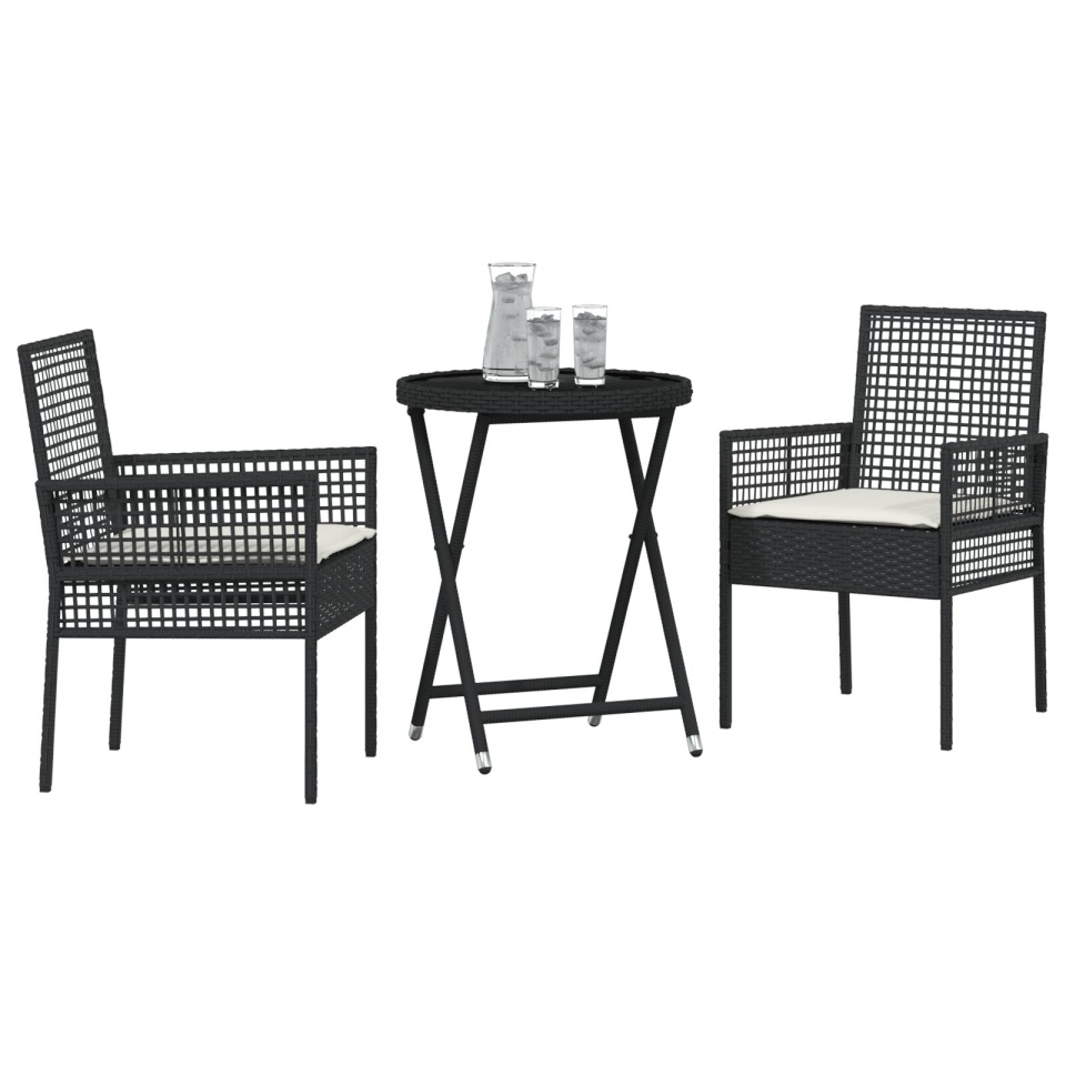 Set de Bistro pentru Grădină cu 3 Piese și Perne Negru Poly Rattan - 2 | YEO