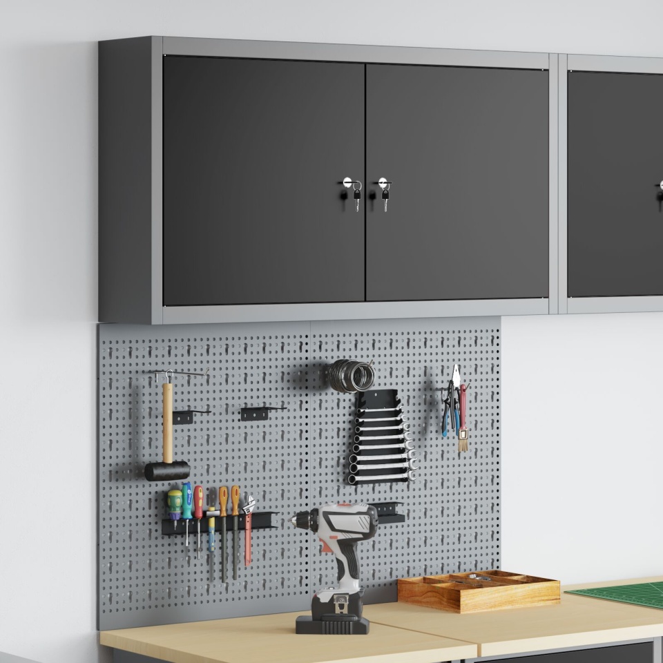 Set de cabinet pentru unelte și panou cu cârlige 3 piese montat pe perete din metal negru