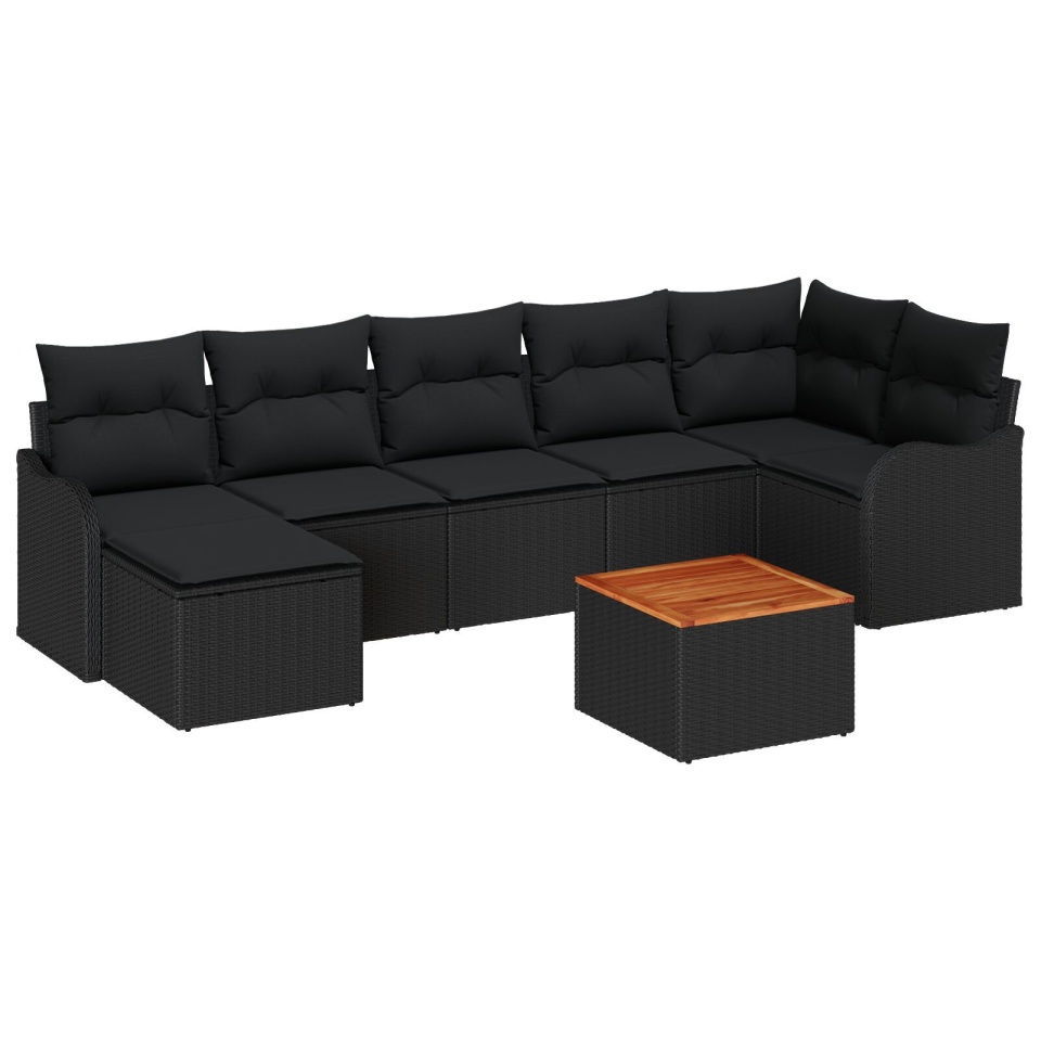 Set de Canapea de Grădină 8 Piese cu Pernă Negru Poliratan Acacia, Sofa de Grădină 2 Persoane cu Pernă Negru Poliratan - 1 | YEO