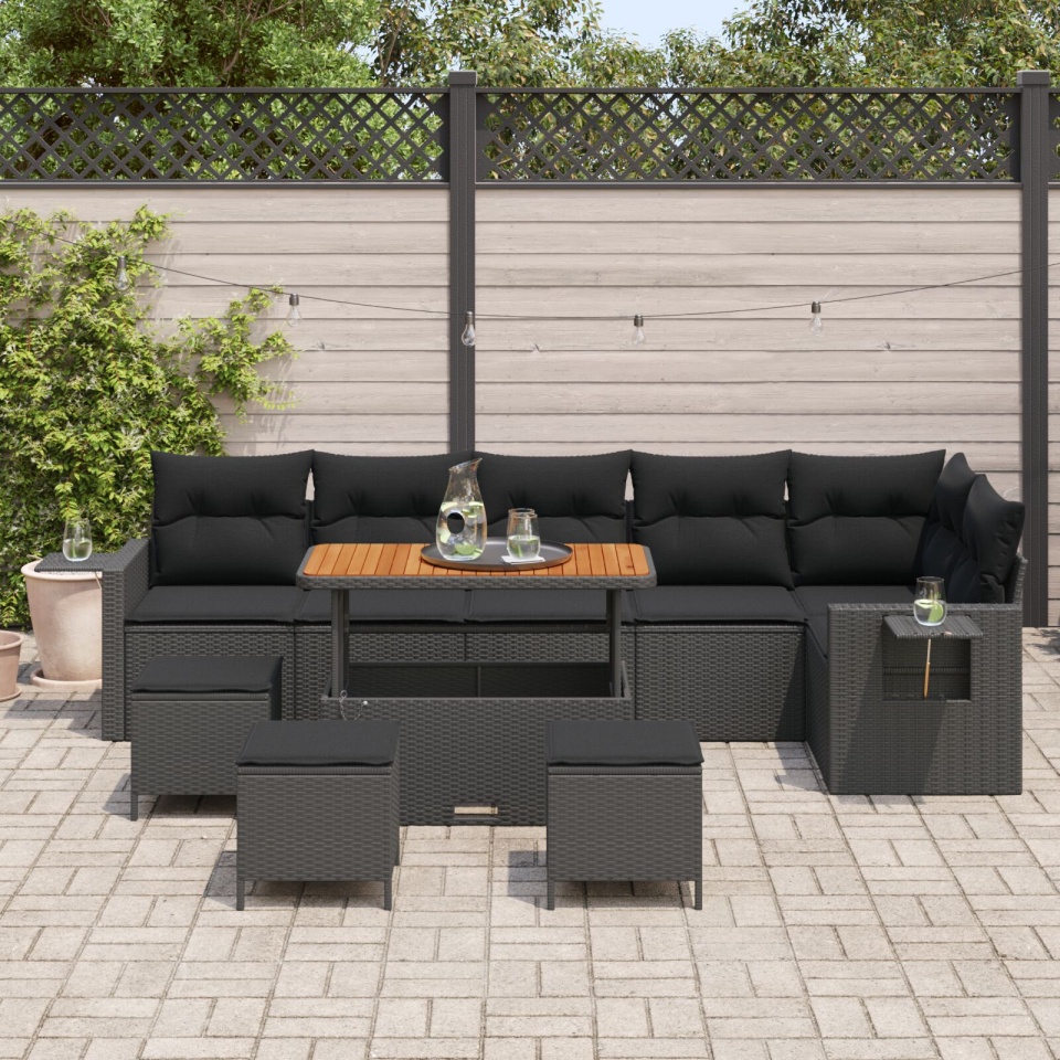Set de canapea de grădină 9 piese cu perne Negru Poliratan Acacia, Set de masă de grădină 3 piese cu perne Negru Poliratan Acacia - 2 | YEO