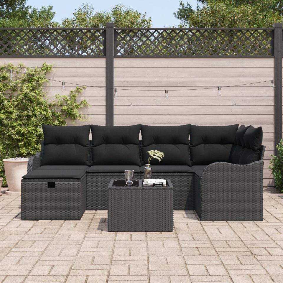 Set de Canapea de Grădină cu 7 Piese cu Pernițe Negru Ratan Poly, Canapeaua de Grădină cu 2 Locuri cu Pernițe Negru Ratan Poly - 2 | YEO
