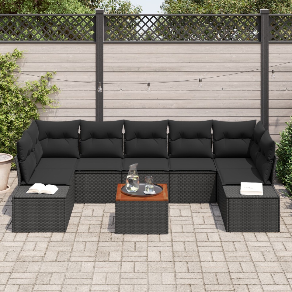 Set de canapea de grădină cu 8 piese cu perne, negru, poliratan, acacia - 2 | YEO