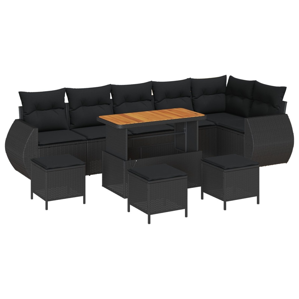 Set de canapea de grădină de 10 piese cu perne negru poli ratan, Set de dining de grădină de 4 piese cu perne negru poli ratan - 1 | YEO