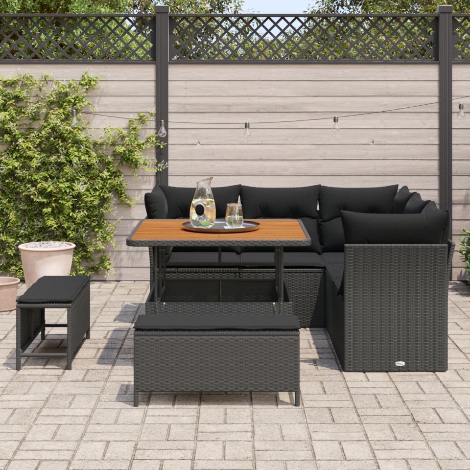 Set de Canapea Grădină cu 8 Piese Ratan Polu Negru Acacia, Set de Masă Grădină cu 3 Piese Ratan Polu Negru Acacia - 2 | YEO