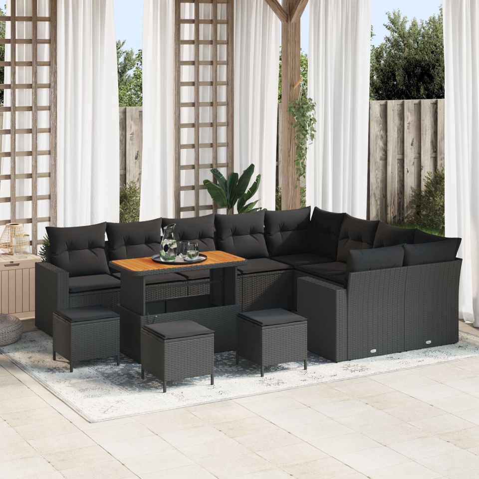 Set de canapea pentru grădină 13 piese cu perne Negru Poliratan Acacia, Set de dining pentru grădină 4 piese cu perne Negru Poliratan Acacia
