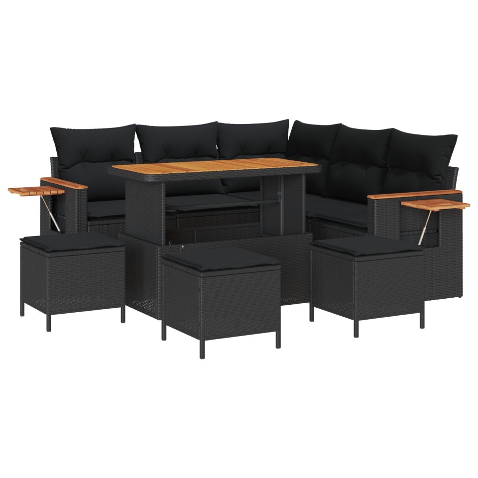 Set de canapea pentru grădină 9 Piese cu perne Negru Ratan sintetic Acacia, Set de dining pentru grădină 4 Piese cu perne Negru Ratan sintetic Acacia - 1 | YEO