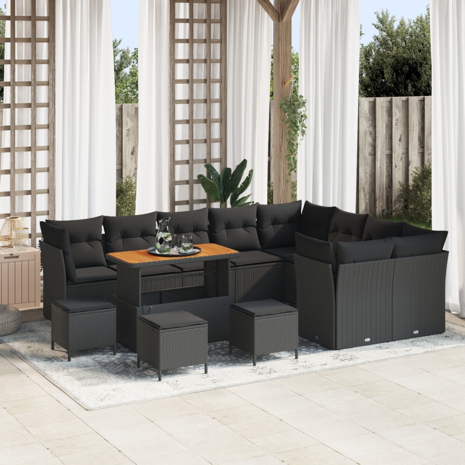 Set de Canapea pentru Grădină cu 13 Piese și Perne Negru Poliratan Acacia, Set de Dining pentru Grădină cu 4 Piese și Perne Negru Poliratan Acacia