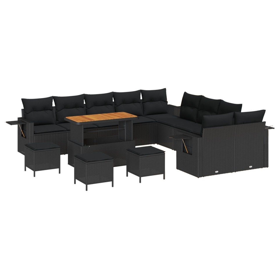 Set de canapea pentru grădină cu 14 piese și perne Negru Ratan Poli Acacia, Set de dining pentru grădină cu 4 piese și perne Negru Ratan Poli Acacia - 1 | YEO