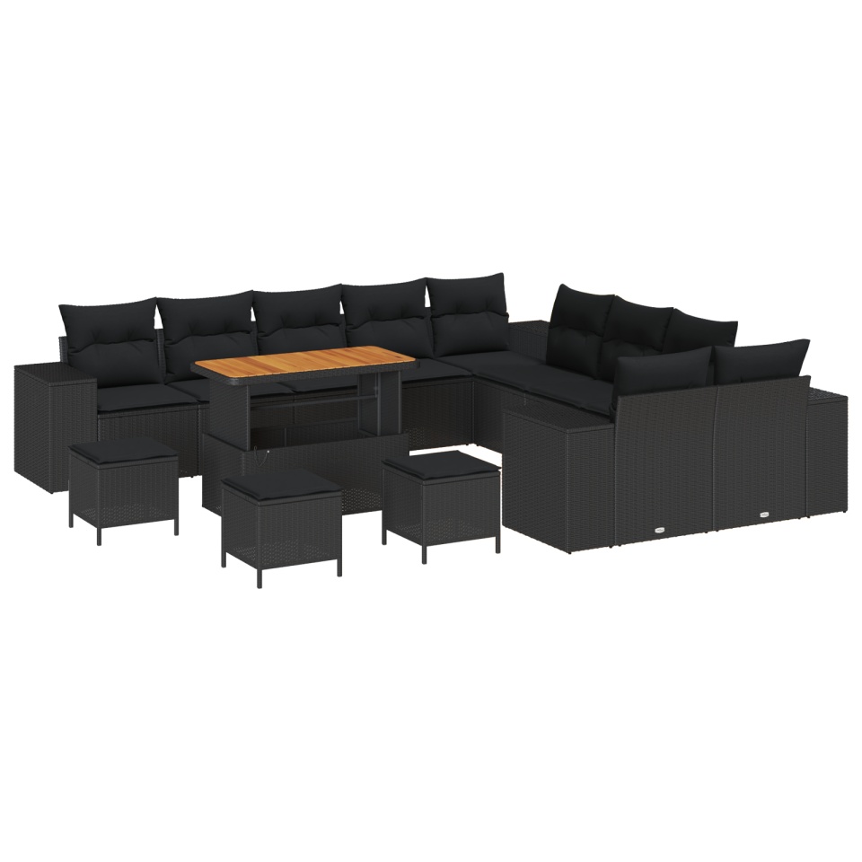 Set de canapele pentru grădină cu 14 piese și perne din ratan polirat negru acacia, Set de dining pentru grădină cu 4 piese și perne din ratan polirat negru acacia - 1 | YEO