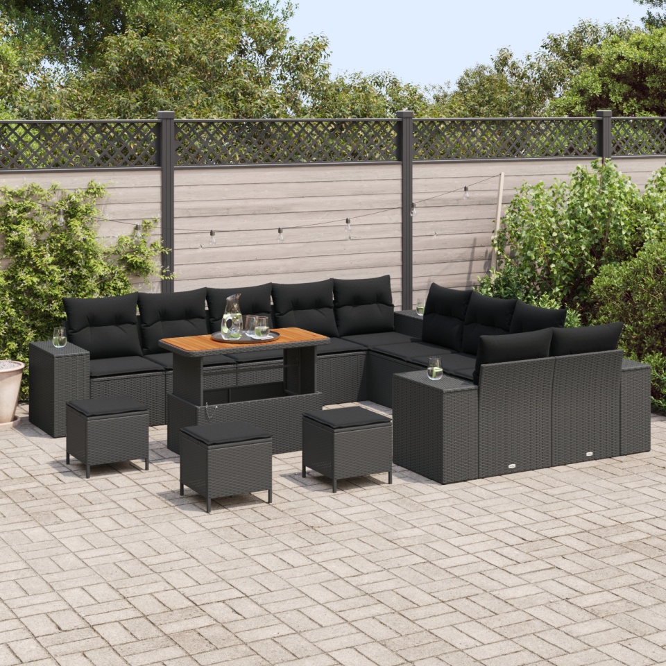 Set de canapele pentru grădină cu 14 piese și perne din ratan polirat negru acacia, Set de dining pentru grădină cu 4 piese și perne din ratan polirat negru acacia - 2 | YEO