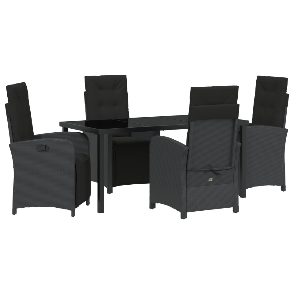 Set de dining pentru grădină 5 piese cu perne Ratan Polimeric Negru, Masa de grădină Negru 160x80x73 cm Sticlă Temperată - 1 | YEO