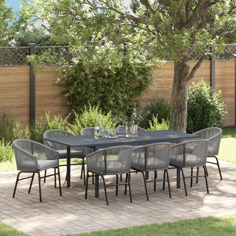 Set de dining pentru grădină cu 10 piese cu perne Gri Poli Ratan, Masă extensibilă pentru grădină Anthracite (140-210)x90x73 cm Oțel
