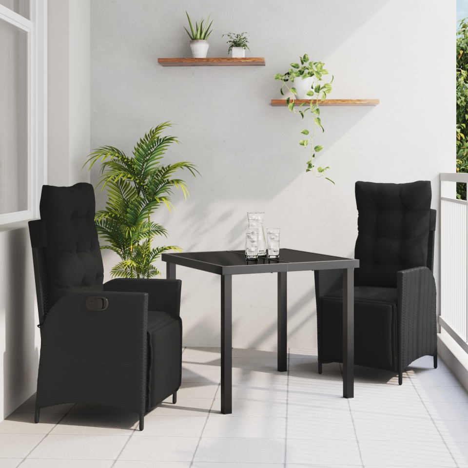 Set de masă de grădină 3 piese, ratan poli negru