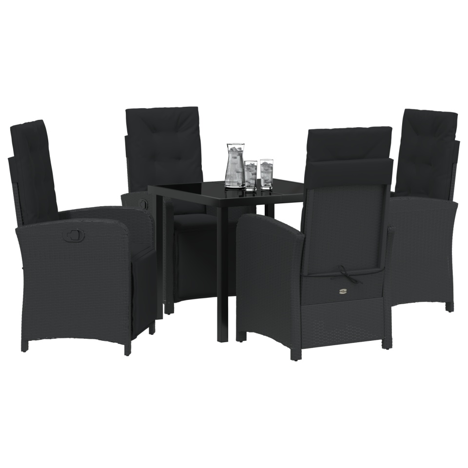 Set de masă de grădină cu 5 piese și perne din ratan sintetic negru, Masă de grădină neagră 80x80x73 cm din sticlă securizată - 2 | YEO