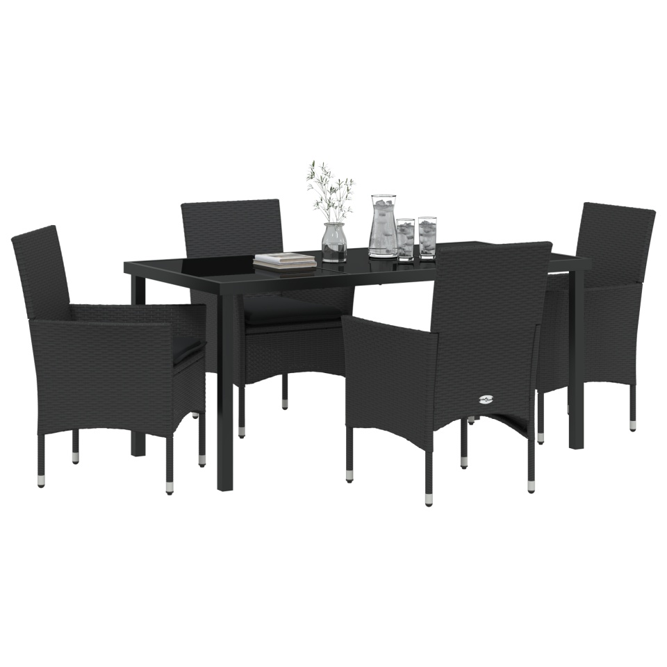 Set de Masa pentru Grădină cu 5 Piese cu Perne Poliratan Negru , Masă de Grădină Neagră 160x80x73 cm cu Sticlă Securizată - 2 | YEO