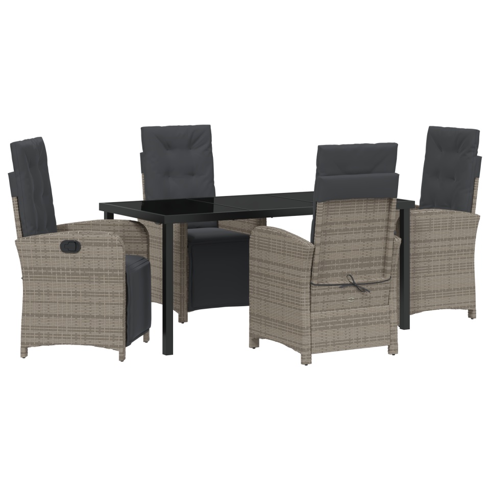 Set de masă pentru grădină cu 5 piese și perne gri din ratan poli, Masă de grădină Neagră 160x80x73 cm Sticlă securizată - 1 | YEO